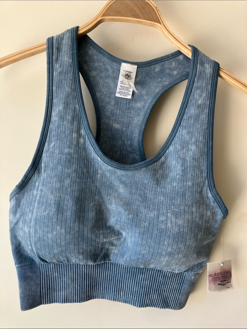 AS REVIVAL Ribbed Racerback Sports Bra in Mineral Washed Denim Blue Size L NWT